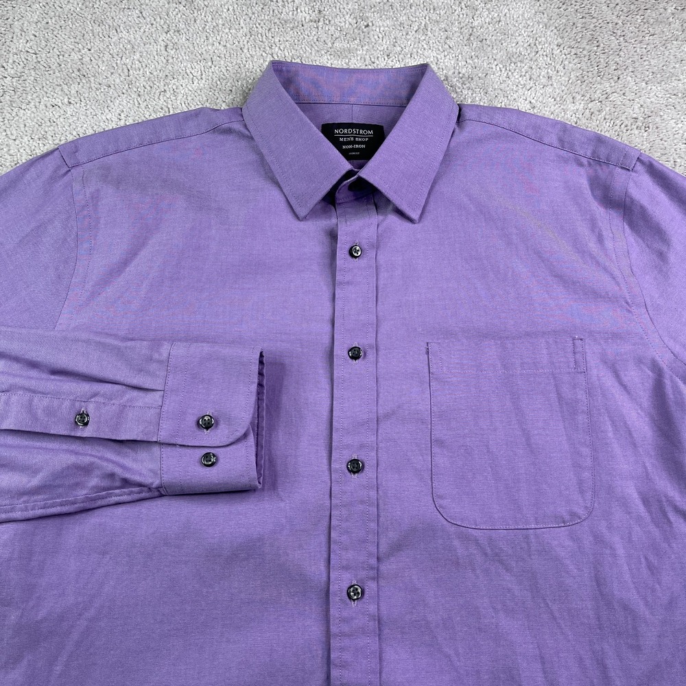 Nordstrom Shirt‎ Mens 16 34 Purple Trim Fit Non Iron Cotton Business Button Up